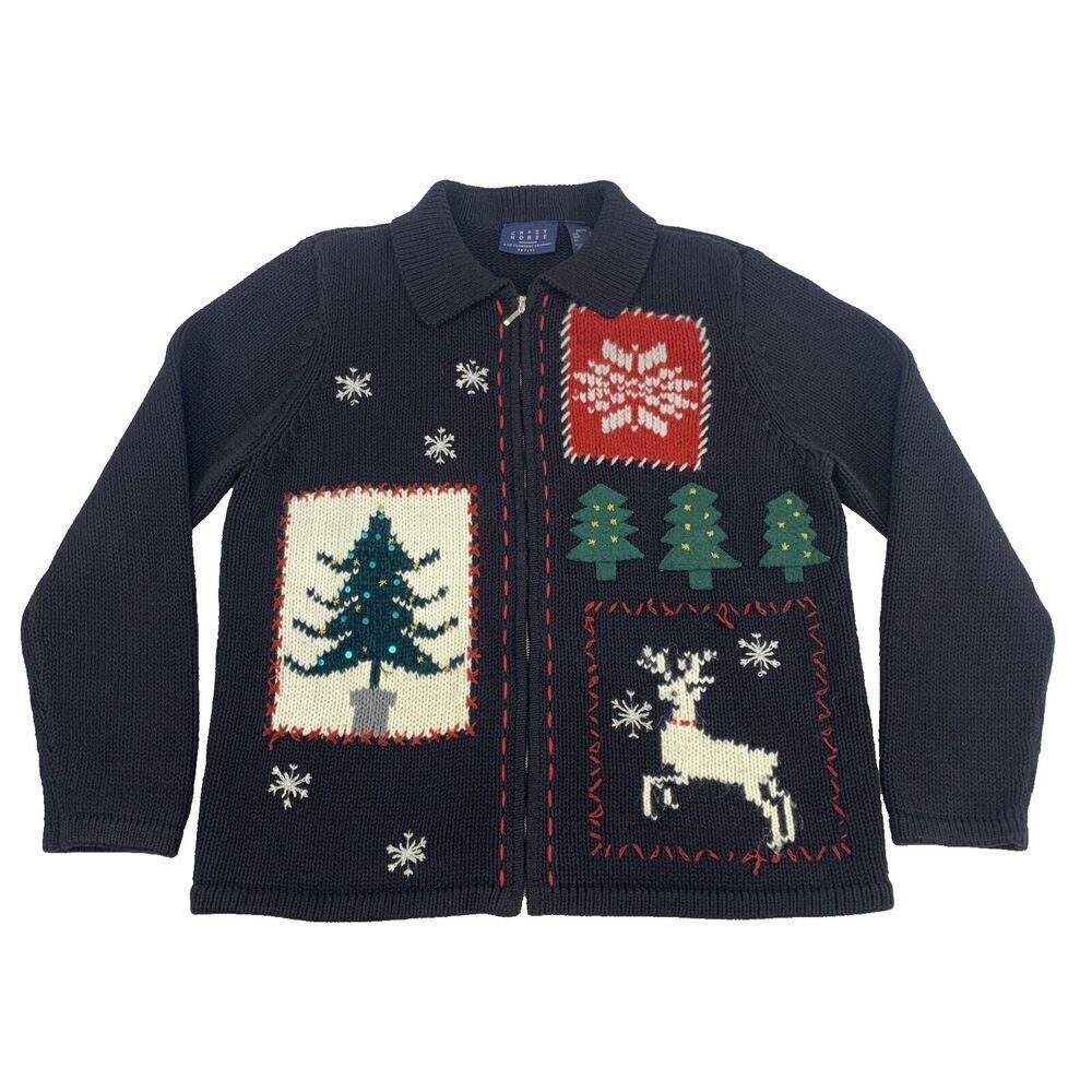 Crazy Horse‎ Liz Claiborne Christmas Cardigan Sweater Full Zip Collar Womens LP